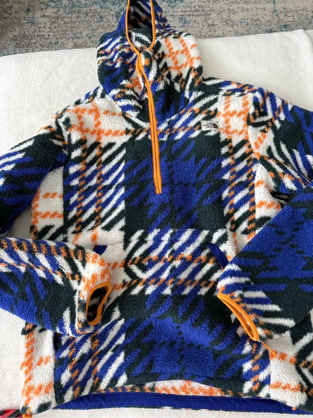 The North Face Men’s Blue, White & Orange Patterned Half-Zip Fleece Hoodie eb2